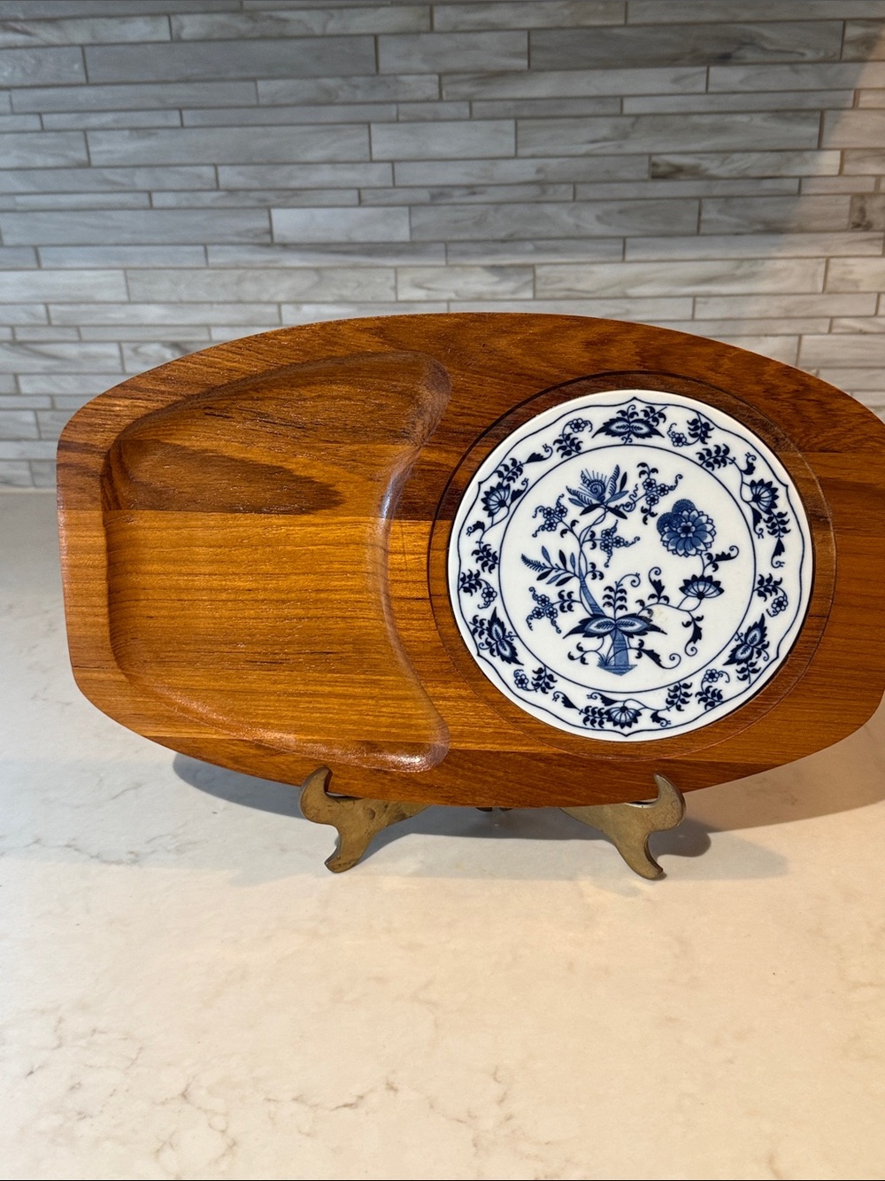 Vintage Blue Danube Blue Onion Teakwood Rectangular Serving Tray